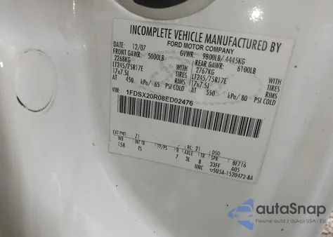 2008 Ford F-250 Xl/Xlt z USA, uszkodzony, nr VIN 1FDSX20R08ED02476